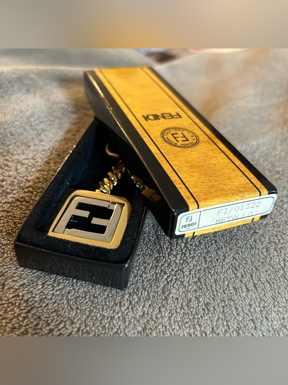 New In Box Fendi 1980s Vintage Gold FF Logo Metal Key Chain Unisex Bag Charm